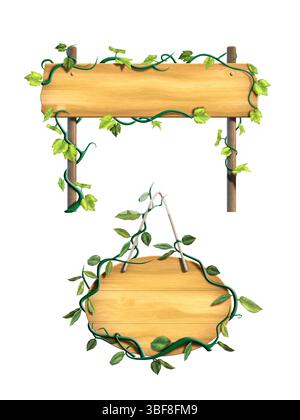 Quelques enseignes en bois encadrées par des vignes feuillues. Illustration numérique. Banque D'Images