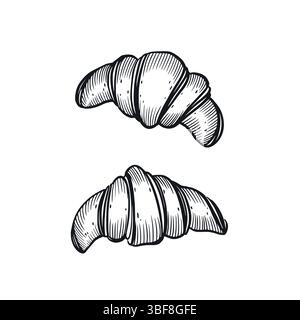 Ensemble d'illustrations vectorielles, pâtisseries, croissants français dessinés à la main dans le vecteur. Illustration vectorielle. Convient pour l'impression sur l'emballage du produit Illustration de Vecteur