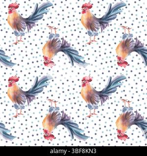 Coqs aquarelles et pois pastel motif sans couture isolé. Le style de ferme français répète le fond avec des oiseaux pour le textile de cuisine rustique Banque D'Images