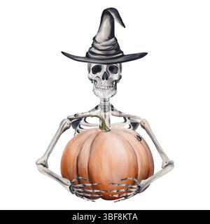 Squelette en chapeau de sorcière tenant la citrouille. Monstre d'Halloween. Chapeau magique noir. Mort vivante. Illustration aquarelle isolée de l'arrière-plan. Dessin à la main Banque D'Images
