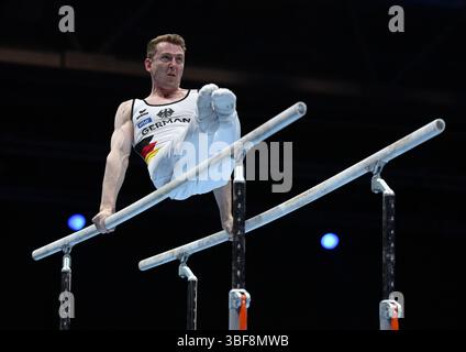 Leipzig, Allemagne. 31 mai 2025. Gymnastique, Championnats d'Europe, décision : Nils Dunkel d'Allemagne sur des barres parallèles. Crédit : Marijan Murat/dpa/Alamy Live News Banque D'Images