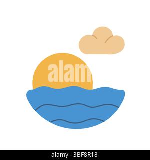 Coucher de soleil sur l'océan illustration vectorielle avec un style minimaliste, avec un horizon ensoleillé et un nuage moelleux. Parfait pour les thèmes de la nature, les promotions de voyage Illustration de Vecteur