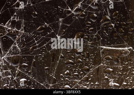 verre brisé couvert d'eau sur un fond sombre, verre humide brisé en de nombreux morceaux, gros plan Banque D'Images