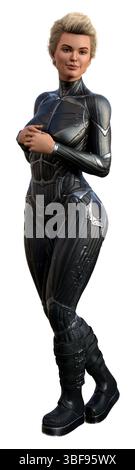illustration 3d d'une femme dans un costume ajusté complet debout tenant ses mains ensemble sur un fond blanc. Banque D'Images