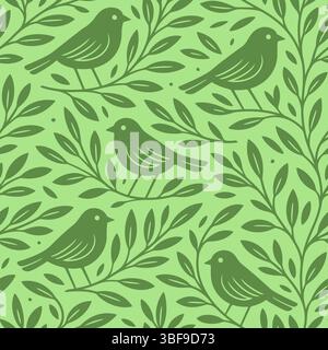 Modèle de vecteur sans couture avec des oiseaux, et des branches avec des feuilles, composition carrée Illustration de Vecteur