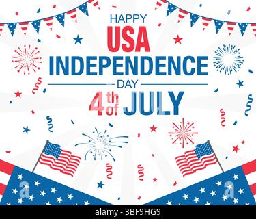 Bonne bannière USA 4 juillet avec feux d'artifice, confettis et drapeaux. Élément de conception sur le thème du jour de l'indépendance des États-Unis Illustration de Vecteur