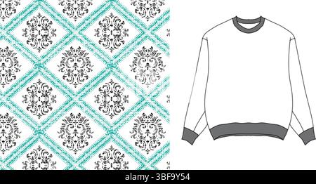 Motif damassé écusson lion pour un sweat-shirt à encolure ronde Illustration de Vecteur