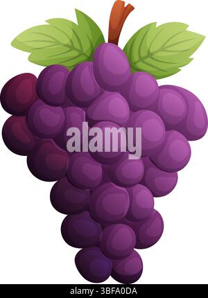 Une illustration vectorielle vibrante d'un bouquet de raisins violets avec des feuilles vertes et une tige brune, parfaite pour les dessins sur les fruits, la nourriture et l'éatine saine Illustration de Vecteur