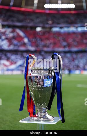 Munich, Allemagne. 31 mai 2025. Le trophée est présenté sur le terrain avant le match final de l'UEFA Champions League entre le Paris Saint-Germain et l'Inter Milan à Munich, Allemagne, le 31 mai 2025. Crédit : Peng Ziyang/Xinhua/Alamy Live News Banque D'Images