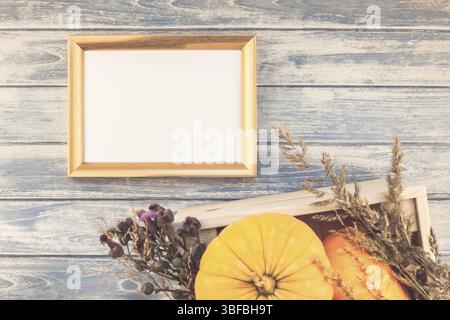 Vue de dessus de l'orange d'automne citrouilles et fleurs sèches avec de l'herbe de grâce sur fond de table en bois dans les tons bleus avec cadre doré des maquettes et de copie Banque D'Images