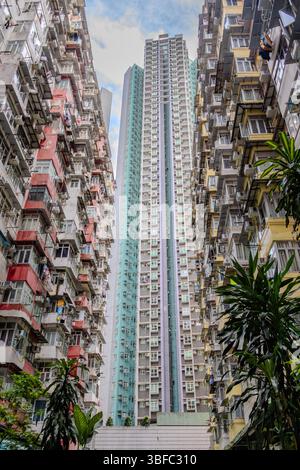 Logement densément peuplé dans le vieux quartier résidentiel de Quarry Bay, Hong Kong. Surnommé 'Monster Building. Banque D'Images