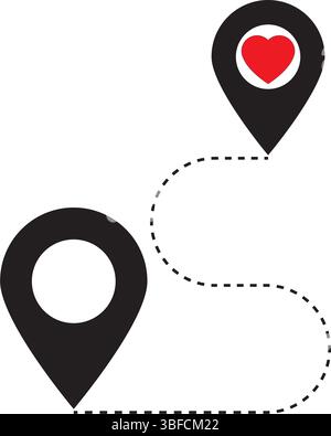 Signe de géolocalisation avec un coeur. Pointeur sur la carte avec une icône en forme de cœur. Relation longue distance. L'amour ne connaît aucune distance. Illustration vectorielle. Illustration de Vecteur
