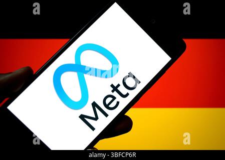 Inde. 31 mai 2025. Dans cette illustration photo, un logo Meta est vu affiché sur un smartphone avec le drapeau de l'Allemagne en arrière-plan. Crédit : SOPA images Limited/Alamy Live News Banque D'Images