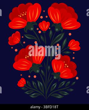 Illustration vectorielle d'un bouquet floral rouge vif. Coquelicots stylisés décoratifs et feuilles vertes dans le style d'art populaire pour les impressions, l'emballage, Illustration de Vecteur