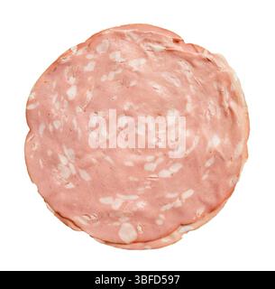 Deux tranches de saucisse italienne mortadelle découpées sur fond blanc Banque D'Images