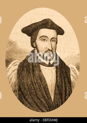 Portrait gravé de Bishop Jewel en 1870. John Jewel (également orthographié John Jewell) (1522 – 23 1571), résident du Devon, en Angleterre, est évêque de Salisbury de 1559 à 1571. Il est notaire de Thomas Cranmer et Nicholas Ridley. Banque D'Images