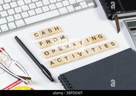 Trésorerie provenant des activités d'exploitation concept avec lettres. Nature morte du lieu de travail de bureau avec fournitures. Surface blanche plate avec clavier d'ordinateur et n Banque D'Images