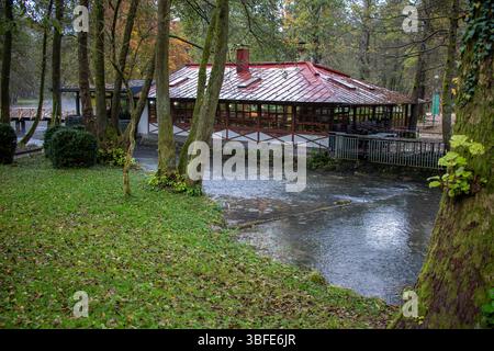 À la source douce de la rivière Bosna dans le quartier Ilidza de Sarajevo, entouré d'arbres denses, se trouve un charmant restaurant. La pluie améliore le Banque D'Images
