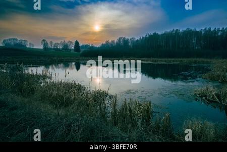 Lac tranquille au coucher du soleil au début du printemps avec des roseaux secs et reflet de la forêt Banque D'Images