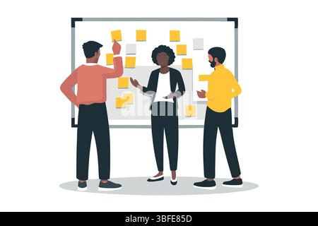 Idées de stratégie de brainstorming de collaboration d'équipe diversifiée à l'aide de notes adhésives sur le projet de réunion d'affaires du tableau blanc Illustration de Vecteur