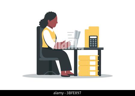 Femme au bureau comptabilité Administration financière avec Calculatrice dossiers documents taxes gestion des affaires et de carrière Illustration de Vecteur