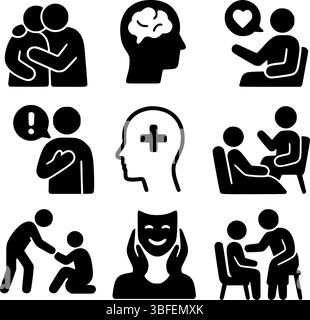 Ensemble d'icônes de glyphe noir de soutien et de counseling en santé mentale Illustration de Vecteur
