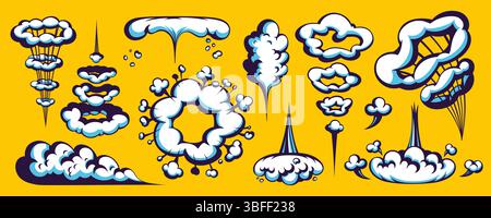 Ensemble d'explosion de nuage comique de bande dessinée avec des contours audacieux, des traînées de mouvement et des bouffées de fumée sur fond jaune. Éléments d'explosion comique pour dynamique Illustration de Vecteur
