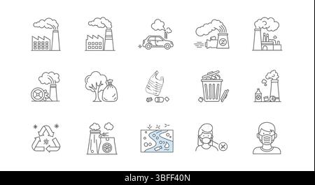 Ensemble d'icônes de vecteur de pollution linéaire, feuille d'icônes. Illustration de Vecteur