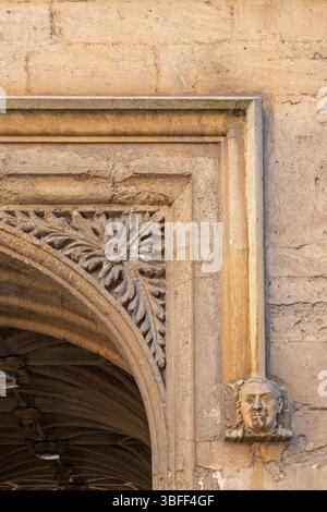 Tête sculptée, portrait, passage, bibliothèque Bodleian, cour intérieure, Old Schools Quadrangle, Oxford, Angleterre, Grande-Bretagne Banque D'Images