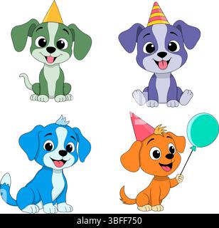 Ensemble d'adorables chiots de dessin animé portant des chapeaux de fête et célébrant un anniversaire. Inclut des chiens colorés avec des accessoires festifs comme des ballons et de la joie Illustration de Vecteur