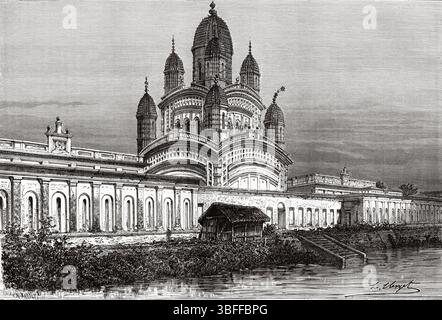 Temple Dakshineswar Kali, temple hindou navaratna à Dakshineswar, North 24 Parganas, West Bengale. Inde. Dessin d'Hubert Clerget (1818-1899) voyages en Inde centrale et dans les présidences de Bombay et du Bengale, 1876 de Louis Théophile Marie Rousselet (1845-1929) le Tour du monde 1874 Banque D'Images