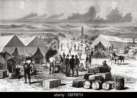 Vue sur le camp des Black Buttes, la dernière station dans le désert rouge du Pacific Railway, Californie. États-Unis d'Amérique. Dessin de A. Marie. Voyage de Washington à San Francisco, 1868 par Lambert Marius Laurent Louis Simonin (1830-1886) le Tour du monde 1874 Banque D'Images