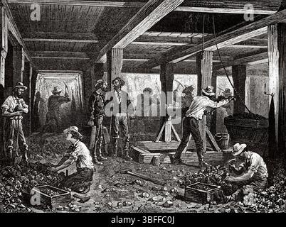 Travailler dans les mines d'argent du Nevada. États-Unis d'Amérique. Dessin de Jules Ferat (1829-1906) voyage de Washington à San Francisco, 1868 de Lambert Marius Laurent Louis Simonin (1830-1886) le Tour du monde 1874 Banque D'Images