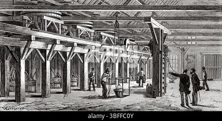 Usines de fusion pour le traitement des minerais d'argent, parties de Wheeler des usines de Gould et Curry, Virginia City. Nevada, États-Unis d'Amérique. Dessin d'Auguste Jahandier (1837-1875) voyage de Washington à San Francisco, 1868 de Lambert Marius Laurent Louis Simonin (1830-1886) le Tour du monde 1874 Banque D'Images