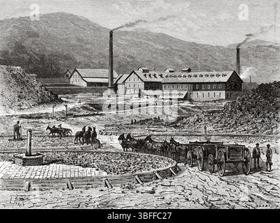 Arastras mexicaines piétinées par des pieds de mule pour le broyage et l'amalgame de minerais d'argent, usines de Gould et Curry près de Virginia City, Nevada. États-Unis d'Amérique. Dessin de Jules Ferat (1829-1906) voyage de Washington à San Francisco, 1868 de Lambert Marius Laurent Louis Simonin (1830-1886) le Tour du monde 1874 Banque D'Images