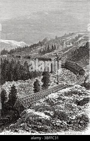 Abris de neige sur le Central Pacific Railway au croisement de la Sierra Nevada, Californie. États-Unis d'Amérique. Dessin de Jules Ferat (1829-1906) voyage de Washington à San Francisco, 1868 de Lambert Marius Laurent Louis Simonin (1830-1886) le Tour du monde 1874 Banque D'Images