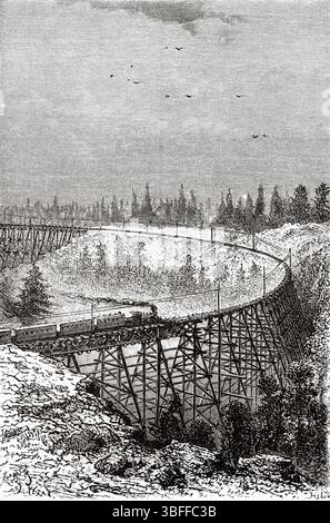 Viaduc de Secrettown sur le Central Pacific Railroad, Californie, États-Unis d'Amérique. Dessin de Jules Ferat (1829-1906) voyage de Washington à San Francisco, 1868 de Lambert Marius Laurent Louis Simonin (1830-1886) le Tour du monde 1874 Banque D'Images