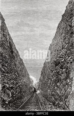 Bloomer Cutting sur le Pacific Railway, Californie, États-Unis d'Amérique. Dessin de Jules Ferat (1829-1906) voyage de Washington à San Francisco, 1868 de Lambert Marius Laurent Louis Simonin (1830-1886) le Tour du monde 1874 Banque D'Images