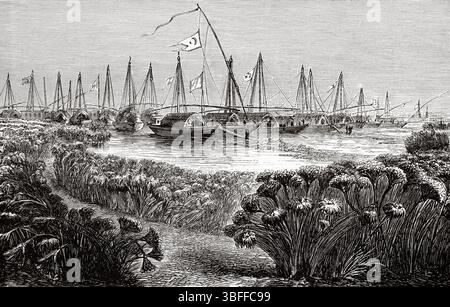Vue sur la Meshera, Port Rek. Soudan du Sud. Afrique. Le coeur de l'Afrique. Trois ans de voyage et d'aventure dans les régions inexplorées de l'Afrique centrale, 1868 à 1871by Georg August Schweinfurth (1836-1925) le Tour du monde 1874 Banque D'Images