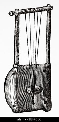 Lyre utilisée par les Mittoo, Soudan du Sud. Afrique. Le coeur de l'Afrique. Trois ans de voyage et d'aventure dans les régions inexplorées de l'Afrique centrale, 1868 à 1871by Georg August Schweinfurth (1836-1925) le Tour du monde 1874 Banque D'Images