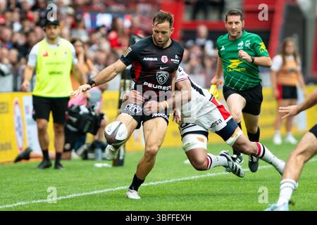 Toulouse, France. 01 juin 2025. Paul Graou de Toulouse lors du match du championnat de France Top 14 de rugby à xv opposant le stade Toulousain (Toulouse) et LE LOU Rugby (Lyon) le 1er juin 2025 au stade Ernest Wallon de Toulouse, France - photo Nathan Barange/DPPI crédit : DPPI Media/Alamy Live News Banque D'Images