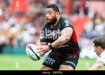 Toulouse, France. 01 juin 2025. Rodrigue Neti de Toulouse lors du match du championnat de France Top 14 de rugby à xv opposant le stade Toulousain (Toulouse) et LOU Rugby (Lyon) le 1er juin 2025 au stade Ernest Wallon de Toulouse, France - photo Nathan Barange/DPPI crédit : DPPI Media/Alamy Live News Banque D'Images