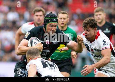 Toulouse, France. 01 juin 2025. François Cros de Toulouse lors du match de rugby à xv du championnat de France du Top 14 entre le stade Toulousain (Toulouse) et LE LOU Rugby (Lyon) le 1er juin 2025 au stade Ernest Wallon de Toulouse, France - photo Nathan Barange/DPPI crédit : DPPI Media/Alamy Live News Banque D'Images