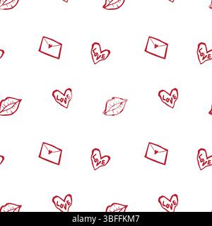 Motif sans couture dessiné à la main par vecteur avec des lèvres et des coeurs de contour rouge Illustration de Vecteur