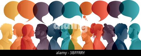 Silhouette têtes face au côté d'un groupe de personnes multiculturelles parlant. Bulle de parole. Communication entre les personnes Illustration de Vecteur