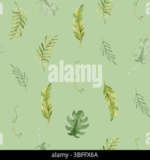 Tropical Leaves Seamless Pattern sur un fond vert. Palmier, eucalyptus et Monstera avec Liana. Illustration botanique dessinée à l'aquarelle à la main. Pour Banque D'Images