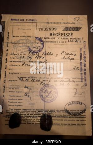 Carte d'identité de Picasso, Musée National d'histoire de l'immigration, situé dans le Palais du Golden Gate,, .Paris, France Banque D'Images
