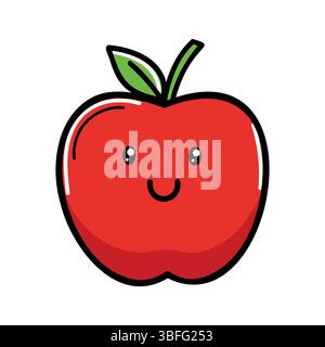 Une pomme rouge mignonne et souriante avec une feuille verte. La pomme a des traits caricaturaux, y compris de grands yeux et une expression joyeuse. C'est simple et Illustration de Vecteur