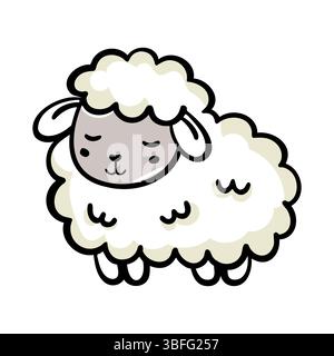 Un mouton de dessin animé mignon avec de la laine blanche moelleuse et un visage gris. Le mouton a une expression douce et de petites oreilles, debout sur ses pattes. Illustration de Vecteur