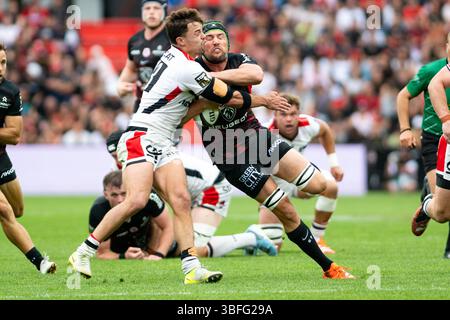 Toulouse, France. 01 juin 2025. François Cros de Toulouse lors du match de rugby à xv du championnat de France du Top 14 entre le stade Toulousain (Toulouse) et LE LOU Rugby (Lyon) le 1er juin 2025 au stade Ernest Wallon de Toulouse, France - photo Nathan Barange/DPPI crédit : DPPI Media/Alamy Live News Banque D'Images